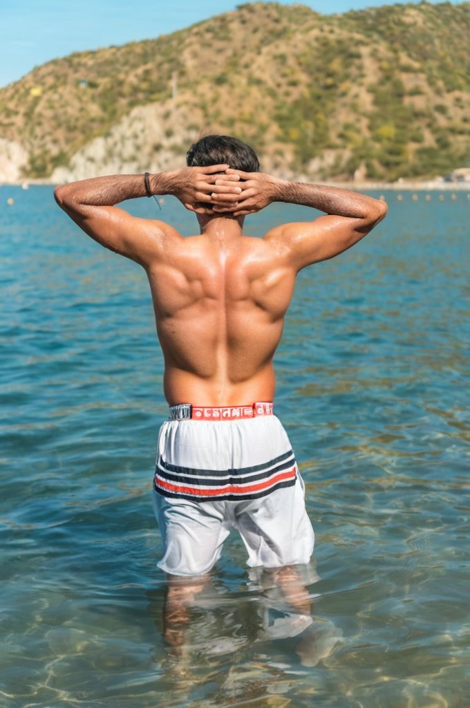 After: Before and after AI preview of a wider back and lats on a man standing in the sea with hands on his head, made in Buldy